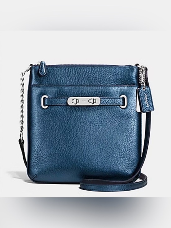 Coach Handbags - COACH Swingpack Metallic Blue Pebble Leather CrossBody Bag EUC